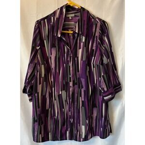 Essentials Block Striped‎ 3/4 sleeve Button Up Purple-gray blouse Size 0X